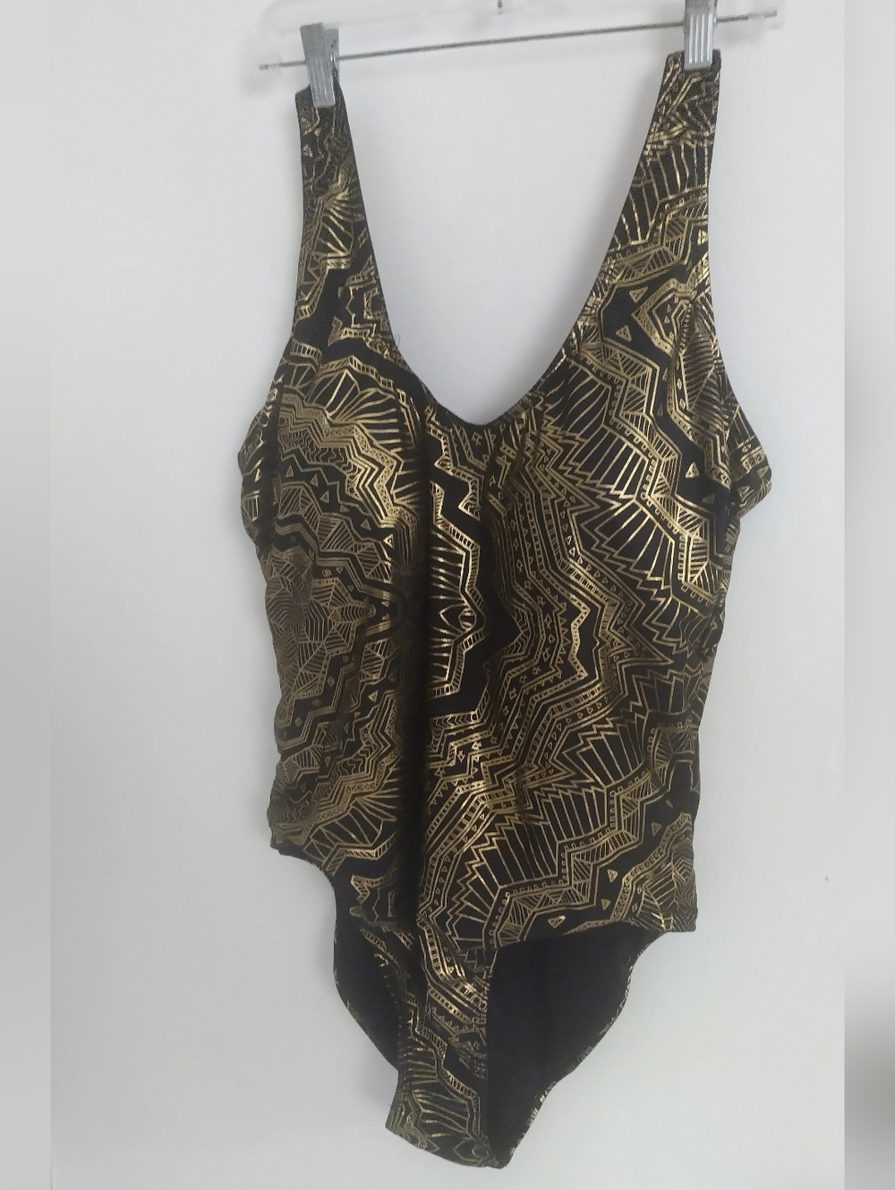 Woman's Black And Gold Geometric Print One Piece Bathing Suit 3X